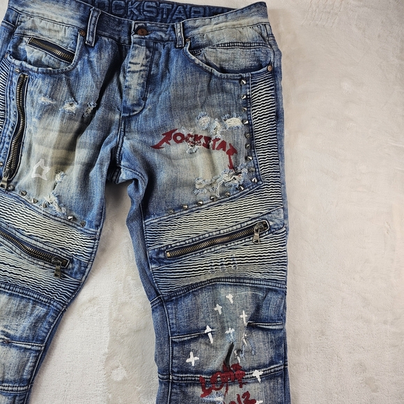 Rockstar Jeans Men's 34 Blue Distressed Denim Graphic Painted Art Graffiti - Picture 4 of 14